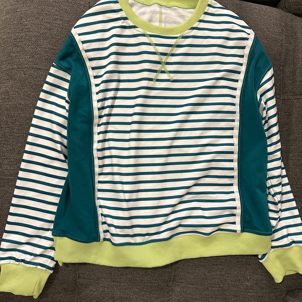 Anna-Kaci Women’s Striped Crewneck With Contrast Sleeves, Green